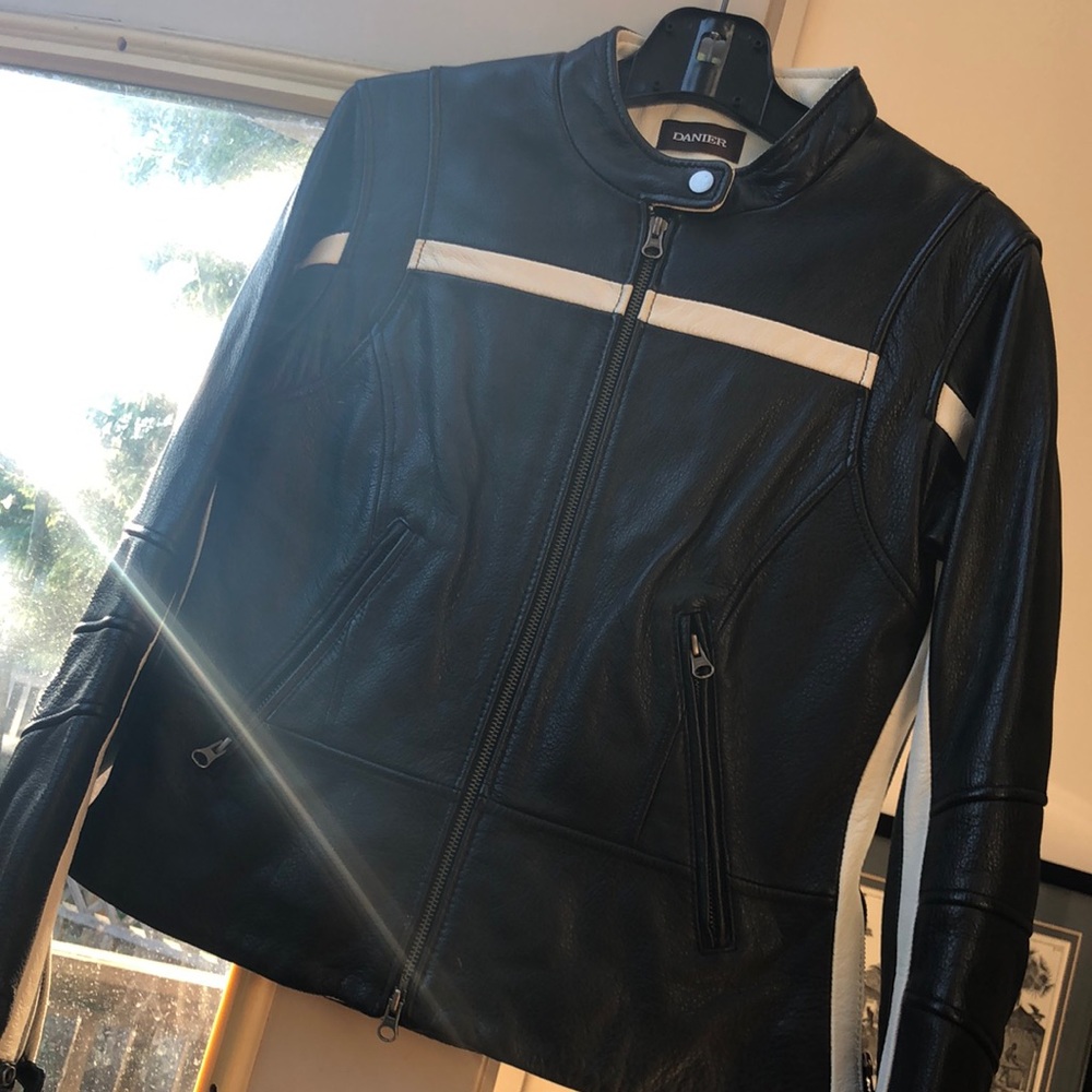 Danier black and white leather jacket XS
